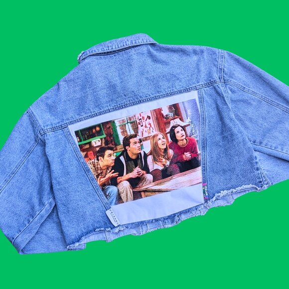 SOLD Handmade, Upcycled Friends Cropped Denim Jacket Size XL - Picture 1 of 4